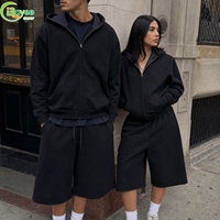 Ensemble de survêtement homme lourd à capuche zippé et pantalon de jogging, couleur unie, épaules tombantes, coupe oversize, 2 pièces, personnalisable avec logo