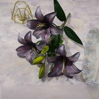 Élégant bouquet de lys en tissu mauve à 3 têtes et 3 bourgeons de 45 cm pour arche de mariage, fête, centre de table haut ou vase décoratif