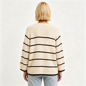 2026 New Arrival Striped Oversized Knit <strong>Sweater</strong>, <strong>Women's</strong> <strong>Beige</strong> Black Crew Neck Long Sleeve Pullover, Knitwear - Product Image 4