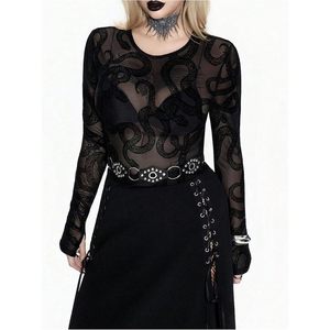 Haut moulant gothique pour femme en maille serpent, à manches longues, transparent, col rond, taille naturelle, style clubwear - Product Image 3