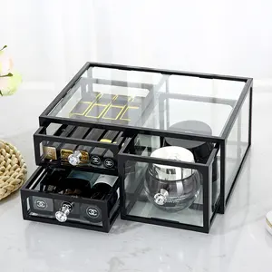 Commode empilable anti-poussière cosmétique et bijoux boîte de rangement en verre transparent maquillage tiroirs organisateur de stockage avec bouton de diamant