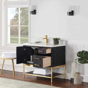 Mueble de Baño Moderno SENYUModern de Madera Negra con Tiradores de Latón y Estante Abierto para Almacenamiento - Product Image 2