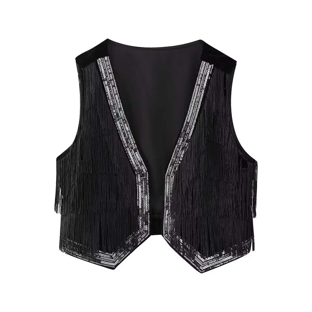 PB&ZA Women 2024 spring New Fashion Sequin fringe velvet Vest Coat Vintage Sleeveless Female Waistcoat Chic Tops