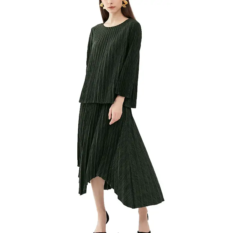 New style solid color fashion chic pleat blouse and skirt set European and American clothing pleated two piece office dress sets