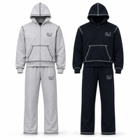Blanc lourd recadrée ourlet brut coupe taille élastique empilé éponge 450 Gsm soleil délavé Vintage coton à capuche et pantalon de survêtement ensemble
