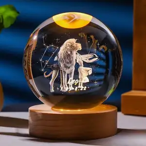 3D Art Crystal Luminous Crystal Ball Ornaments Wooden Base Solar Galactic Night Lights Decorative Glass Handicrafts Globe