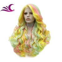 Selebriti multi warna merah muda hijau kuning campuran serat cosplay tarik Ratu Teater rambut sintetis renda depan wig