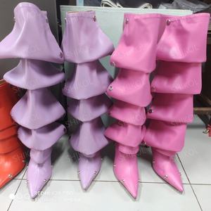 SHIKOL sıcak pembe turuncu Metal perçinler gevşek pilili ayakkabı kadın çizmeler yüksek topuklu özel lüks uzun çizmeler bayanlar diz yüksek çizmeler - Product Image 2