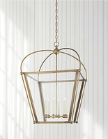 Lanterne suspendue moderne en laiton antique américain, lampe en bronze, verre transparent, éclairage suspendu d'intérieur, grande lanterne carrée Riverside