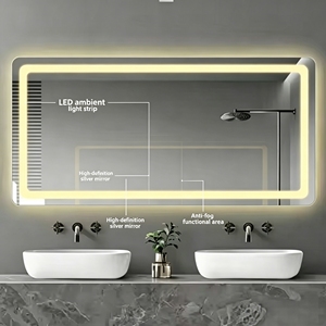 Lavabo de salle de bain rectangulaire moderne à <span class=keywords><strong>LED</strong></span> avec <span class=keywords><strong>miroir</strong></span> Bluetooth, indice de protection IP66, pour salon, hôtel ou appartement - Product Image 4