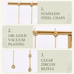 Pendientes Largos de Zirconia con Cadena, Acero Inoxidable, Chapado al Vacío en Oro de 14K, Bisel Transparente, Joyería Asimétrica - Product Image 2