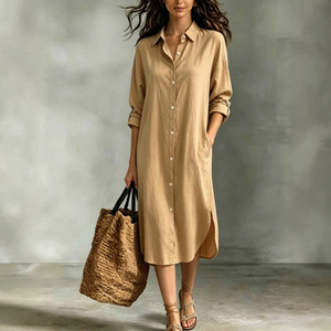 Abito Casual da Donna per Vacanze, Tinta Unita con Colletto a Risvolto, Chiusura Monopetto e Tasche, per Uso Quotidiano e Pendolarismo, Moda Femminile - Product Image 1