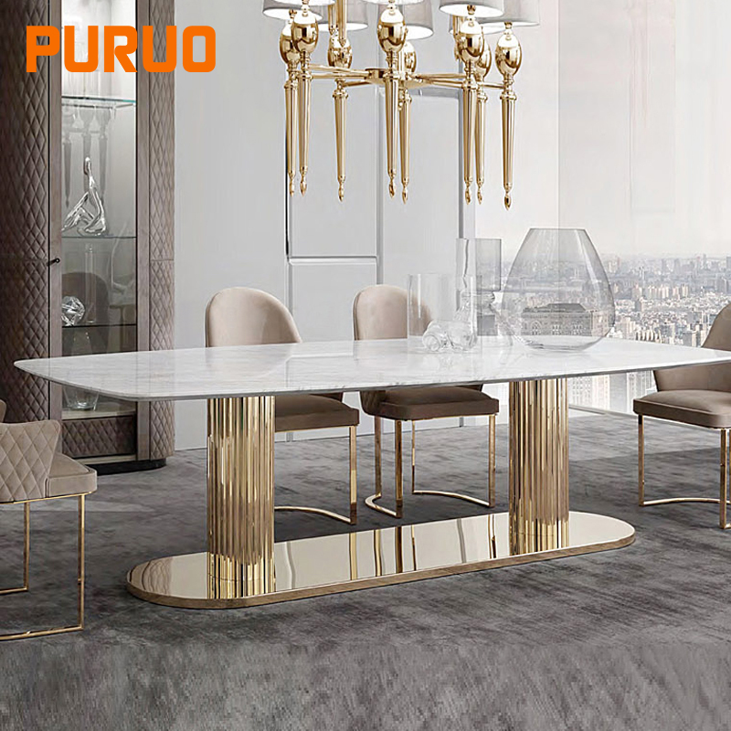 Современная прямоугольная форма Золотая рамка Свадебная мебель мраморный обеденный стол