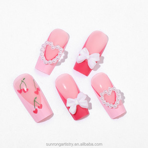 Fournisseur d'articles de nail art pour la Saint-Valentin, ongles en plastique à couverture complète, faux ongles artificiels, cœur rose, cerise, nœud, faux ongles - Product Image 3