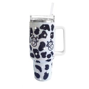 Vaso Térmico de Viaje de Lujo de Acero Inoxidable con Diseño de Vaca, 40 oz, con Asa, Tapa y Diamantes de Imitación, 25 Colores - Product Image 2