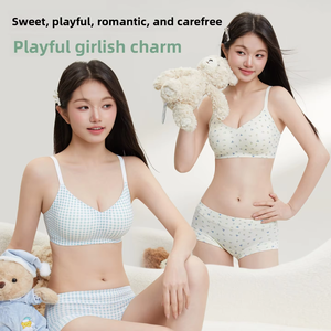 Ensemble soutien-gorge et <span class=keywords><strong>culotte</strong></span> sans fil à imprimé gingham doux 2026 pour femme, <span class=keywords><strong>en</strong></span> <span class=keywords><strong>coton</strong></span> doux, sans armatures, respirant, lingerie féminine, personnalisation OEM - Product Image 1