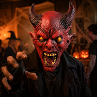 Masque d'horreur en latex de démon cornu rouge, masque intégral effrayant de diable avec yeux jaunes et dents pointues, costume de fête d'Halloween pour cosplay