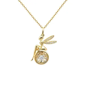 Real 18K Gold Fairy Design Dancing Diamond Angel Pendant Fine 18k Solid Gold Natural Diamond Necklace Jewelry