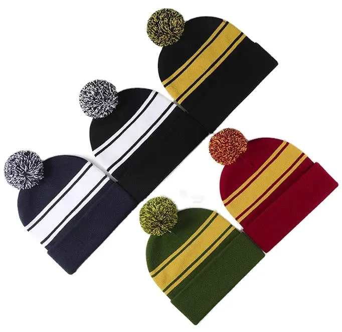 Wholesale Custom Logo Sports Outerwear Winter Hat Strip Acrylic Knitted Cuffed Pom Pom Beanies