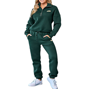 Ensemble de survêtement 2 pièces respirant 100 % coton pour femme avec pull demi-zip et pantalon de jogging pour l'automne - Product Image 1