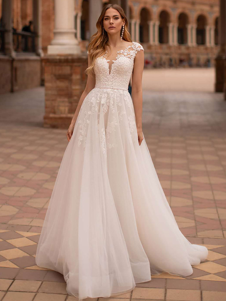 13145 Elegant A-line Wedding Dress With Cap Sleeves, Illusion Back & Sweep Train