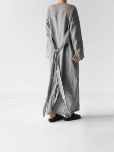 Nouvelle robe longue en coton et lin à manches longues et col unique avec laçage, collection 2025 – Offre Spéciale - Product Image 3
