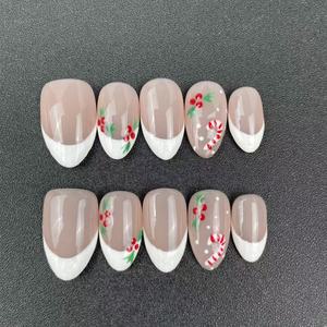 Ongles Press-on Faits Main en Gros d'Usine, Haute Qualité, Réutilisables, Forme Amande, Peints à la Main, French Manucure, Petites <span class=keywords><strong>Cerises</strong></span> - Product Image 1