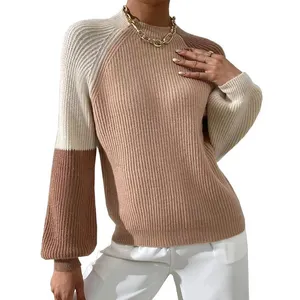 Custom 2023 autumn and winter new women's semi-turtleneck senior 100 top color contrast loose fashion pullover sweater