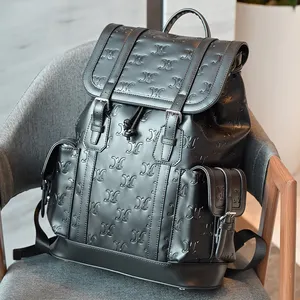 Custom Debossed Pattern Vegan PU Faux Leather Fashion Black Mens Business Laptop Travel Bag Backpacks For Work