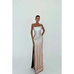 ชุดราตรีผ้าซาตินสีทองโทลอน ทรงเอไลน์ยาวถึงพื้น คอสูง ผ่าข้าง ไซส์พลัส XL ประดับเลื่อม เหมาะสำหรับงานพรอม - Product Image 3