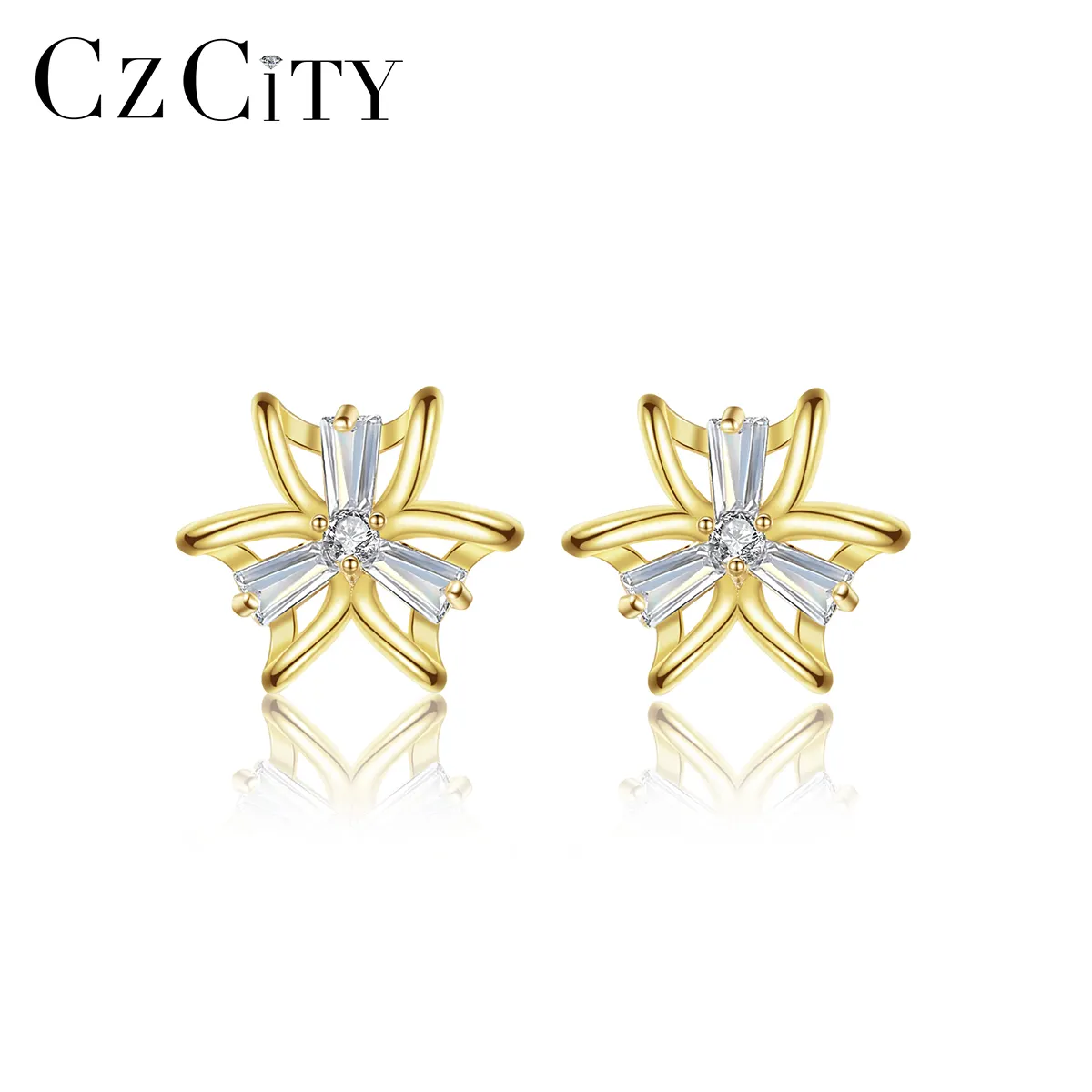 CZCITY с золотым дизайном заявление S925 Циркон Мода 925 стерлингового серебра серьги-гвоздики для женщин серьги в форме цветка