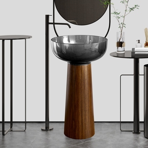 Lavabo independiente moderno <span class=keywords><strong>con</strong></span> base de acero inoxidable de grano de madera y lavabo de resina transparente gris lavabo de <span class=keywords><strong>pedestal</strong></span> de baño artístico - Product Image 1
