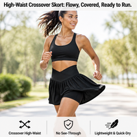 Falda pantalón deportiva fluida con cintura en V cruzada para mujer, con volantes y pliegues, shorts incorporados, negra, para gimnasio, tenis, ropa deportiva, venta al por mayor.
