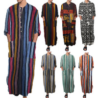 Turbans en lin pour hommes, Kaftan de Dubaï, Coton imprimé rayé, Vintage, Manches longues, Coupe ample, Vêtements ethniques décontractés, Musulman, Islamique