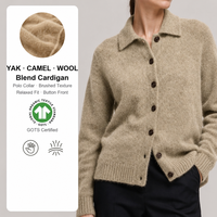 Cardigan en laine de yack et de chameau brossée pour femme, certifié GOTS, col polo, boutonnage frontal, coupe décontractée – Meilleure vente