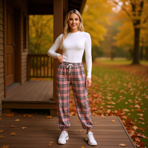 Pantalon sarouel en flanelle à carreaux pour femme J707-1, taille mi-haute, coupe ample, longueur cheville, avec cordon de serrage, décontracté, pour l'automne - Product Image 2