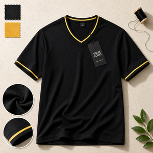 T-shirt homme col en V, bordure contrastée, manches courtes, décontracté, sport, noir, logo personnalisé imprimé - Product Image 1