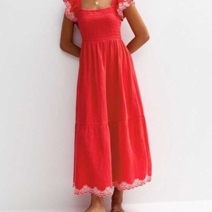 Vestido Casual de Verano para Mujer, de Lino y Algodón, con Bordado Floral, Largo Midi, Estilo Smoking, Venta Especial, Natural - Product Image 1