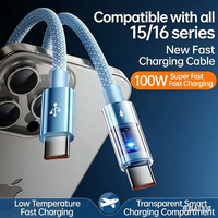 Kabel USB Type C ke Type C Transparan 100W PD Fast Charging dengan Layar LED, Kabel Data Pengisian Cerdas 2M Berbahan Nilon Kepang