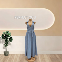 Neues Sommerkleid für Damen: Süßes, umweltfreundliches, rückenfreies, bodenlanges Kleid mit V-Ausschnitt, Taillenband und schulterfreien Ärmeln im Casual-Stil