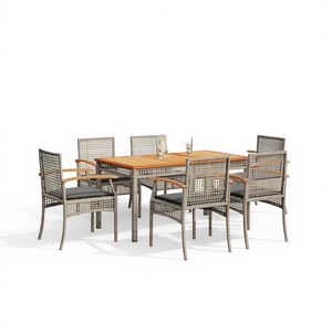 Set da Pranzo da Giardino in Rattan Grigio per 6 Persone con Piano in Teak, Arredamento da Esterno in Stile Contemporaneo Resistente alle Intemperie - Product Image 1