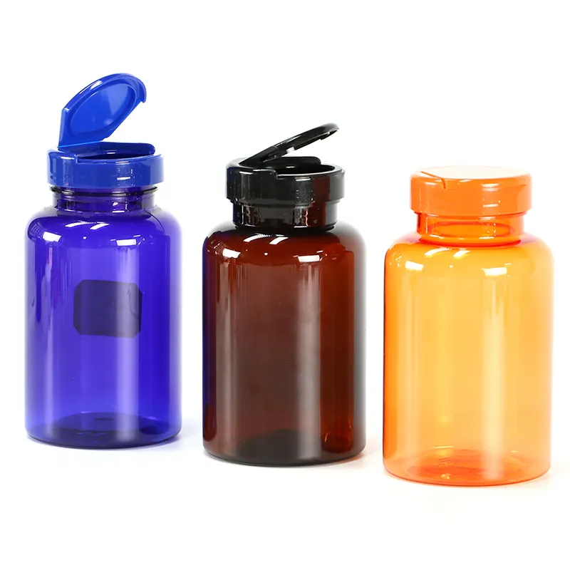 Populaire 250Ml Lege Etiket Pet Fles Met Flip Top Cap Aangepaste Kleur Pil Capsule Fles Voor Gezondheidszorg