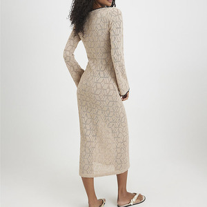 Women's Knitted Hollow-Out <b>Dress</b> in Black and Apricot Color Blocking with Tie-Neckline Casual <b>Dress</b> Slim-fit long winter <b>dress</b> - Product Image 2