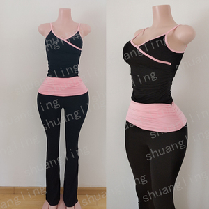 Conjunto de pantalones acampanados plegables, cintura personalizada, entrenamiento, mallas de pierna ancha, ropa de algodón, conjunto de dos piezas de verano para mujer, conjuntos de ropa de descanso - Product Image 2