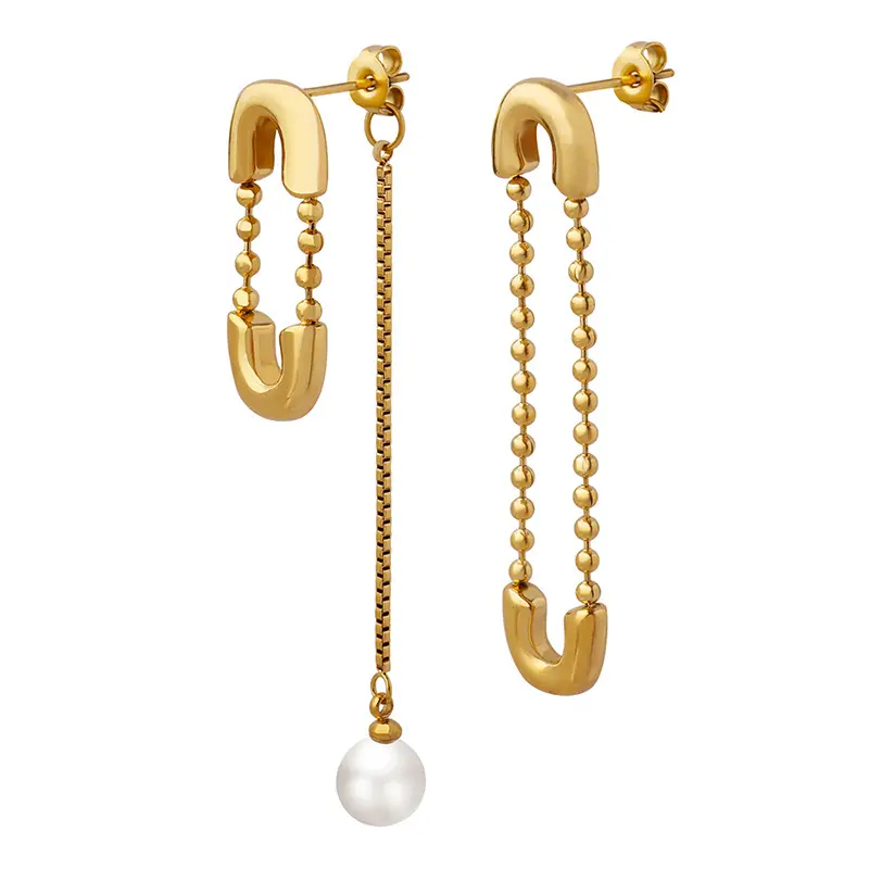 Personality Gold Color Long Chain Imitation Pearl Drop Stainless Steel Asymmetrical Earrings Tarnish Free Jewelry