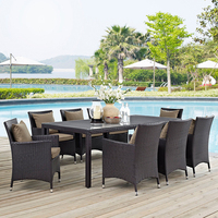 Meubles de patio extérieurs de style ferme contemporaine, tables et chaises avec plateau en verre turquoise, en rotin PE pour hôtel, appartement, terrasse