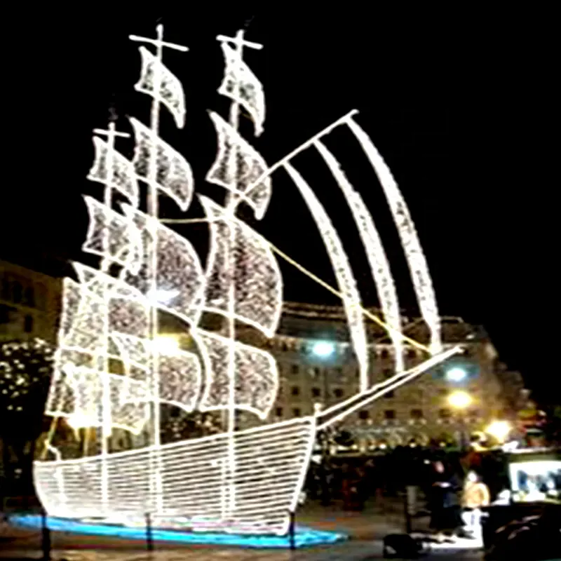 Outdoor 3D white LED sail ship with lights sculptures for commercial Christmas light sculptures