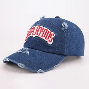 Özelleştirilmiş nakış logosu boş düz pamuklu denim toptan beyzbol şapkası yıkanmış sıkıntılı baba şapkası özel