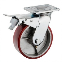 Roue pivotante robuste en polyuréthane (PU) avec frein intégré, noyau en fonte, roue pivotante en polyuréthane rouge pour chariots et équipements industriels