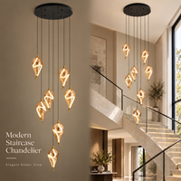 Lustre moderne pour escalier, abat-jour en verre ambré en forme de goutte, 8 lumières LED à filament, 580 mm, pour escalier de villa, atrium d'hôtel, plafond